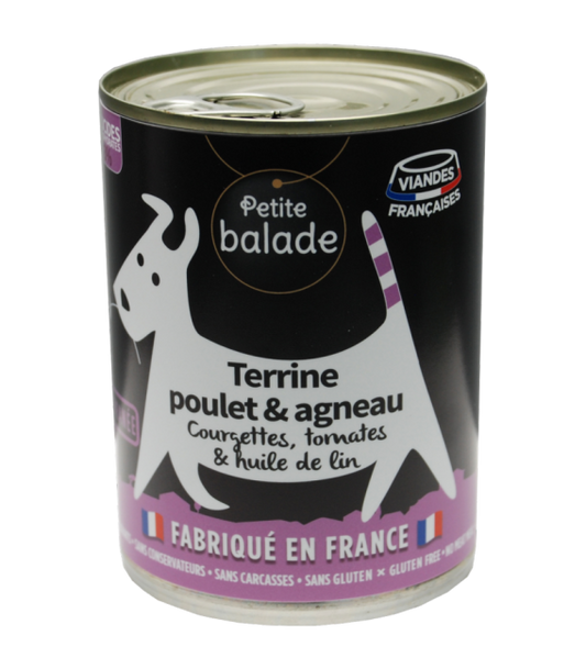 PATE Petite Balade sans céréale chien terrine de poulet et agneau 400g