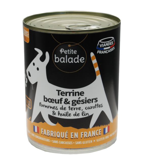PATE Petite Balade sans céréale chien terrine de bœuf et Gésier 400g