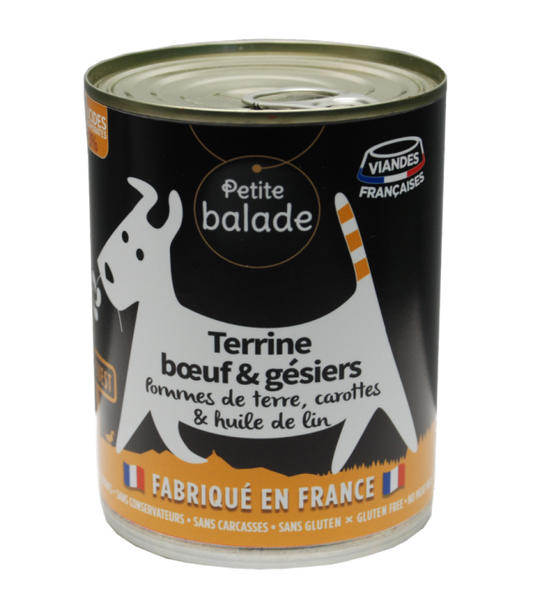 PATE Petite Balade sans céréale chien terrine de bœuf et Gésier 400g